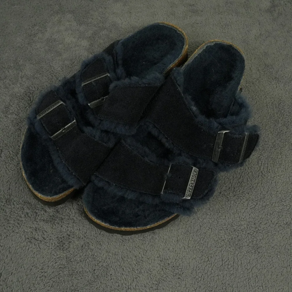 Birkenstock Arizona Sandals Womens 39 Narrow Midnight Blue Suede Shearling Slide